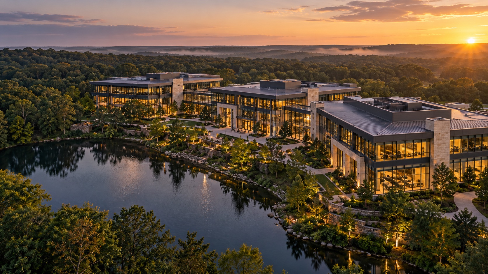 Illustrative aerial visualization of a contemporary commercial campus at golden hour