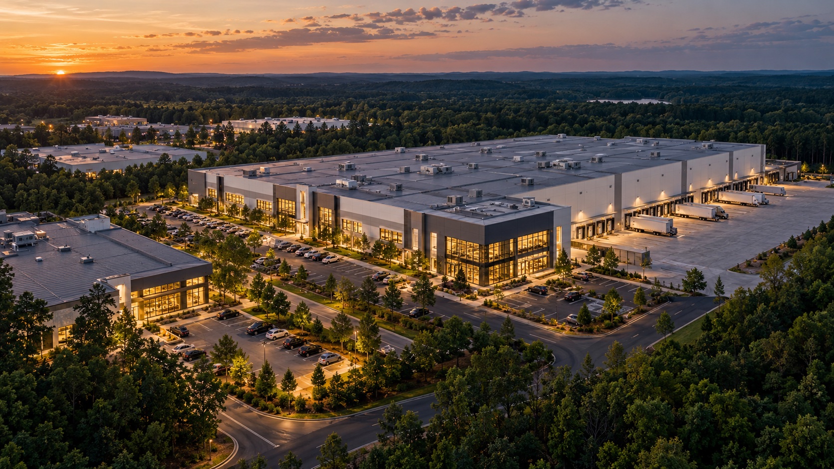 Illustrative aerial visualization of a commercial industrial campus at dusk