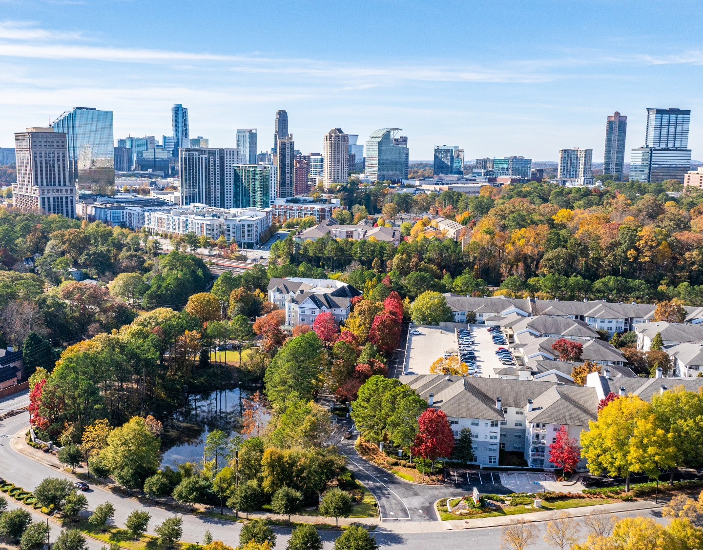 Sky360 aerial photograph of Lenox Park and the Atlanta skyline