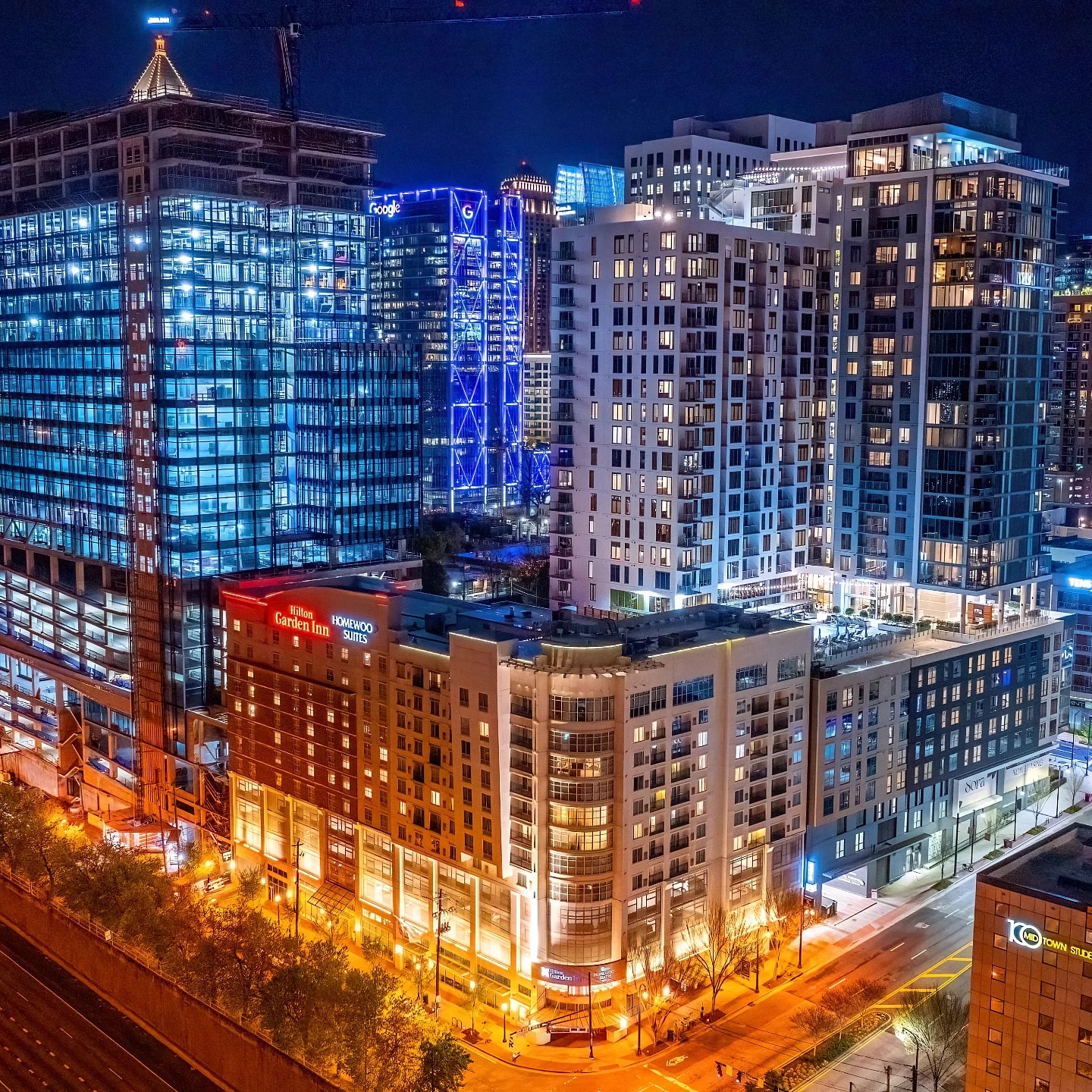 Midtown after dark — Atlanta, Georgia / Evening aerial photography