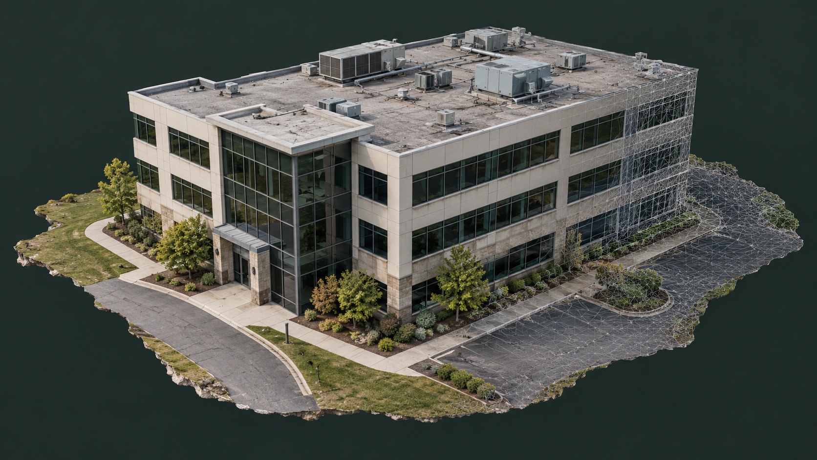 Concept visualization of a textured three-dimensional building model with a partial mesh overlay